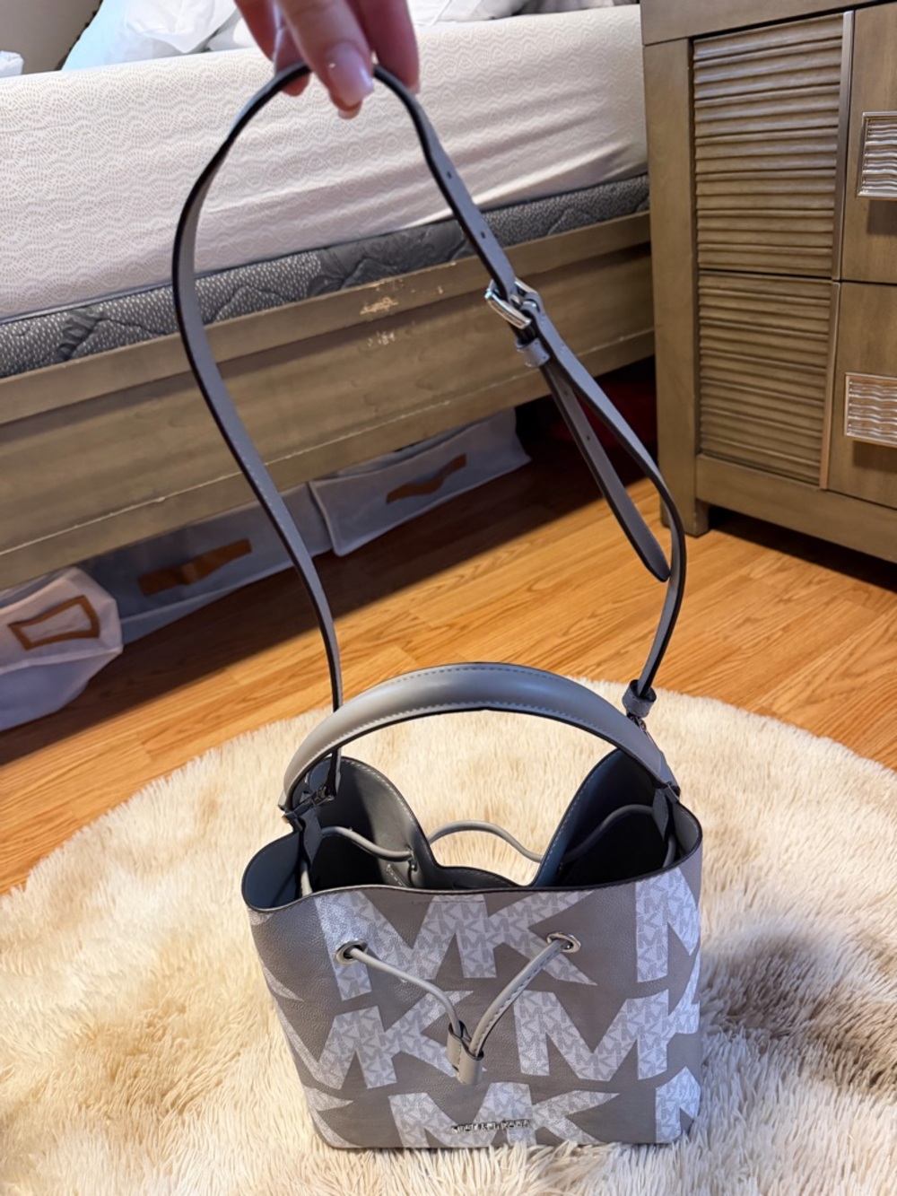 Michael Kors Gray and White Monogram Drawstring Bucket Bag - Picture 3 of 4